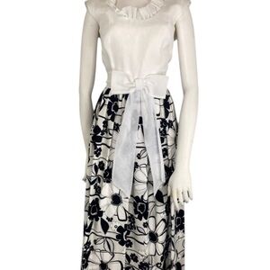 Vintage 1960s Mod Miss Elliette Black & White Floral Maxi Dress With Bow Ruffle